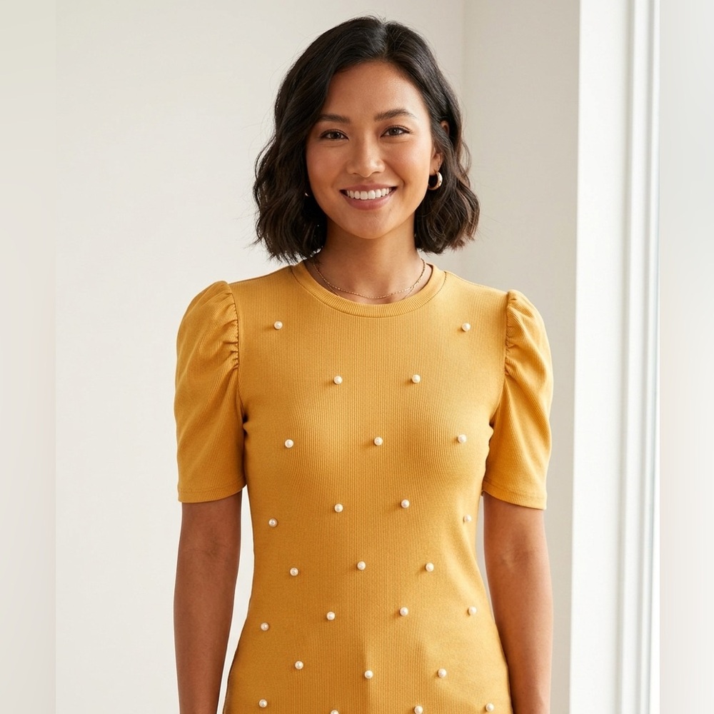 Mustard Pearl-Embellished Puff Sleeve Top